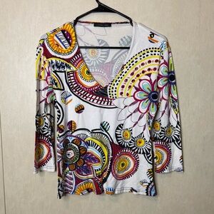 Linda Leal Multicolor Long Sleeve Women's Top Floral, V-Neck, Abstract, Colorful